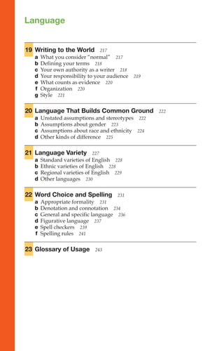 19 Writing to the World 217
a What you consider “normal” 217
b Defining your terms 218
c Your own authority as a writer 218
d Your responsibility to your audience 219
e What counts as evidence 220
f Organization 220
g Style 221
20 Language That Builds Common Ground 222
a Unstated assumptions and stereotypes 222
b Assumptions about gender 223
c Assumptions about race and ethnicity 224
d Other kinds of difference 225
21 Language Variety 227
a Standard varieties of English 228
b Ethnic varieties of English 228
c Regional varieties of English 229
d Other languages 230
22 Word Choice and Spelling 231
a Appropriate formality 231
b Denotation and connotation 234
c General and specific language 236
d Figurative language 237
e Spell checkers 239
f Spelling rules 241
23 Glossary of Usage 243
Language
Language
215–252
 