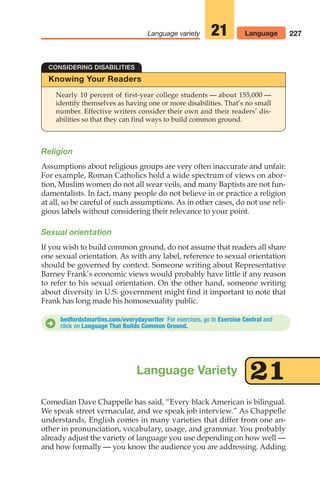 227
Language variety 21 Language
Knowing Your Readers
Nearly 10 percent of first-year college students — about 155,000 —
identify themselves as having one or more disabilities. That’s no small
number. Effective writers consider their own and their readers’ dis-
abilities so that they can find ways to build common ground.
CONSIDERING DISABILITIES
Religion
Assumptions about religious groups are very often inaccurate and unfair.
For example, Roman Catholics hold a wide spectrum of views on abor-
tion, Muslim women do not all wear veils, and many Baptists are not fun-
damentalists. In fact, many people do not believe in or practice a religion
at all, so be careful of such assumptions. As in other cases, do not use reli-
gious labels without considering their relevance to your point.
Sexual orientation
If you wish to build common ground, do not assume that readers all share
one sexual orientation. As with any label, reference to sexual orientation
should be governed by context. Someone writing about Representative
Barney Frank’s economic views would probably have little if any reason
to refer to his sexual orientation. On the other hand, someone writing
about diversity in U.S. government might find it important to note that
Frank has long made his homosexuality public.
bedfordstmartins.com/everydaywriter For exercises, go to Exercise Central and
click on Language That Builds Common Ground.
D
Comedian Dave Chappelle has said, “Every black American is bilingual.
We speak street vernacular, and we speak job interview.” As Chappelle
understands, English comes in many varieties that differ from one an-
other in pronunciation, vocabulary, usage, and grammar. You probably
already adjust the variety of language you use depending on how well —
and how formally — you know the audience you are addressing. Adding
Language Variety 21
10_LUN_66490_Pt05_(217-252)_10_LUN_66490_Pt05_(217-252).qxd 11/30/11 2:22 PM Page 227
 