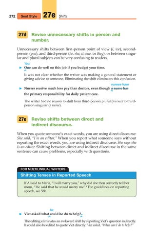 Revise unnecessary shifts in person and
number.
Unnecessary shifts between first-person point of view (I, we), second-
person (you), and third-person (he, she, it, one, or they), or between singu-
lar and plural subjects can be very confusing to readers.
You
䊳 One can do well on this job if you budget your time.
It was not clear whether the writer was making a general statement or
giving advice to someone. Eliminating the shift eliminates this confusion.
nurses have
䊳 Nurses receive much less pay than doctors, even though a nurse has
the primary responsibility for daily patient care.
The writer had no reason to shift from third-person plural (nurses) to third-
person singular (a nurse).
Revise shifts between direct and
indirect discourse.
When you quote someone’s exact words, you are using direct discourse:
She said, “I’m an editor.” When you report what someone says without
repeating the exact words, you are using indirect discourse: She says she
is an editor. Shifting between direct and indirect discourse in the same
sentence can cause problems, especially with questions.
27d
27e
^
^
Shifting Tenses in Reported Speech
If Al said to Maria, “I will marry you,” why did she then correctly tell her
mom, “He said that he would marry me”? For guidelines on reporting
speech, see 58b.
FOR MULTILINGUAL WRITERS
^ ^
he
䊳 Viet asked what could he do to help?.
The editing eliminates an awkward shift by reporting Viet’s question indirectly.
It could also be edited to quote Viet directly: Viet asked, “What can I do to help?”
272 Shifts
27e
Sent Style
12_LUN_66590_Pt06_(255-282)_12_LUN_66590_Pt06_(255-282).qxd 11/30/11 2:27 PM Page 272
 