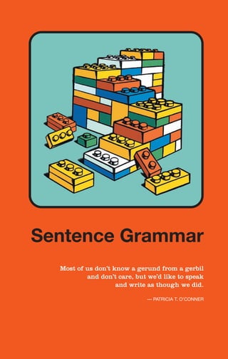 Most of us don’t know a gerund from a gerbil
and don’t care, but we’d like to speak
and write as though we did.
— PATRICIA T. O’CONNER
Sentence Grammar Sentence
Grammar
 