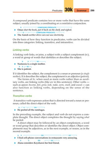299
Predicates Grammar
30k
A compound predicate contains two or more verbs that have the same
subject, usually joined by a coordinating or a correlative conjunction.
S COMPOUND PREDICATE
 Omar shut the book, put it back on the shelf, and sighed.
S COMPOUND PREDICATE
 The Amish neither drive cars nor use electricity.
On the basis of how they function in predicates, verbs can be divided
into three categories: linking, transitive, and intransitive.
Linking verbs
A linking verb links, or joins, a subject with a subject complement (SC),
a word or group of words that identifies or describes the subject.
S V SC
 Nastassia is a single mother.
S V SC
 She is patient.
If it identifies the subject, the complement is a noun or pronoun (a single
mother). If it describes the subject, the complement is an adjective (patient).
The forms of be, when used as main verbs rather than as auxil-
iary verbs, are linking verbs (like are in this sentence). Other verbs —
such as appear, become, feel, grow, look, make, seem, smell, and sound — can
also function as linking verbs, depending on the sense of the
sentence.
Transitive verbs
A transitive verb expresses action that is directed toward a noun or pro-
noun, called the direct object of the verb.
S V DO
 He peeled all the rutabagas.
In the preceding example, the subject and verb do not express a com-
plete thought. The direct object completes the thought by saying what
he peeled.
A direct object may be followed by an object complement, a word
or word group that describes or identifies the direct object. Object com-
plements may be adjectives, as in the next example, or nouns, as in the
second example.
S V DO OC
 I find cell-phone conversations in restaurants very annoying.
S V DO OC
 Alana considers Keyshawn her best friend.
14_LUN_66490_Pt07_(285-366)_14_LUN_66490_Pt07_(285-366).qxd 11/30/11 2:31 PM Page 299
 