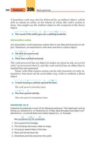 A transitive verb may also be followed by an indirect object, which
tells to whom or what, or for whom or what, the verb’s action is
done. You might say the indirect object is the recipient of the direct
object.
S V IO DO
 The sound of the traffic gave me a splitting headache.
Intransitive verbs
An intransitive verb expresses action that is not directed toward an ob-
ject. Therefore, an intransitive verb does not have a direct object.
S V
 The Red Sox persevered.
S V
 Their fans watched anxiously.
The verb persevered has no object (it makes no sense to ask, persevered
what? or persevered whom?), and the verb watched has an object that is
implied but not expressed.
Some verbs that express action can be only transitive or only in-
transitive, but most can be used either way, with or without a direct
object.
S V DO
 A maid wearing a uniform opened the door.
The verb opened is transitive here.
S V
 The door opened silently.
The verb opened is intransitive here.
EXERCISE 30.9
Underline the predicate in each of the following sentences. Then label each verb as
linking (LV), transitive (TV), or intransitive (IV). Finally, label all subject and object com-
plements (SC, OC) and all direct and indirect objects (DO, IO). Example:
TV DO OC
We .
1. He is proud of his heritage.
2. The horrifying news story made me angry.
3. A hung jury seems likely in this case.
4. Rock and roll will never die.
5. Advertisers promise consumers the world.
considered city life unbearable
300 Grammar Basic grammar
30k
14_LUN_66490_Pt07_(285-366)_14_LUN_66490_Pt07_(285-366).qxd 11/30/11 2:31 PM Page 300
 