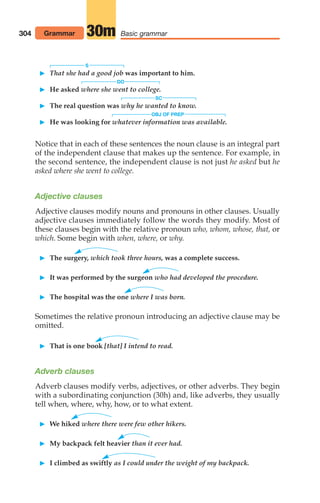 S
 That she had a good job was important to him.
DO
 He asked where she went to college.
SC
 The real question was why he wanted to know.
OBJ OF PREP
 He was looking for whatever information was available.
Notice that in each of these sentences the noun clause is an integral part
of the independent clause that makes up the sentence. For example, in
the second sentence, the independent clause is not just he asked but he
asked where she went to college.
Adjective clauses
Adjective clauses modify nouns and pronouns in other clauses. Usually
adjective clauses immediately follow the words they modify. Most of
these clauses begin with the relative pronoun who, whom, whose, that, or
which. Some begin with when, where, or why.
 The surgery, which took three hours, was a complete success.
 It was performed by the surgeon who had developed the procedure.
 The hospital was the one where I was born.
Sometimes the relative pronoun introducing an adjective clause may be
omitted.
 That is one book [that] I intend to read.
Adverb clauses
Adverb clauses modify verbs, adjectives, or other adverbs. They begin
with a subordinating conjunction (30h) and, like adverbs, they usually
tell when, where, why, how, or to what extent.
 We hiked where there were few other hikers.
 My backpack felt heavier than it ever had.
 I climbed as swiftly as I could under the weight of my backpack.
304 Grammar Basic grammar
30m
14_LUN_66490_Pt07_(285-366)_14_LUN_66490_Pt07_(285-366).qxd 11/30/11 2:31 PM Page 304
 