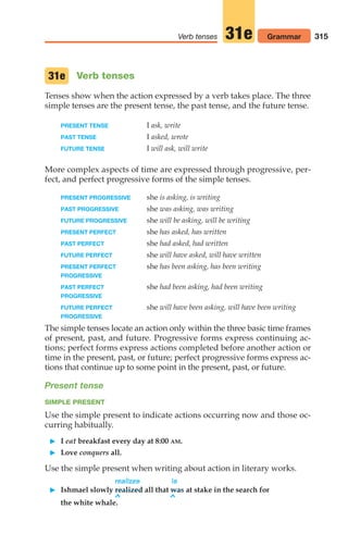 315
Verb tenses Grammar
31e
Verb tenses
Tenses show when the action expressed by a verb takes place. The three
simple tenses are the present tense, the past tense, and the future tense.
PRESENT TENSE I ask, write
PAST TENSE I asked, wrote
FUTURE TENSE I will ask, will write
More complex aspects of time are expressed through progressive, per-
fect, and perfect progressive forms of the simple tenses.
PRESENT PROGRESSIVE she is asking, is writing
PAST PROGRESSIVE she was asking, was writing
FUTURE PROGRESSIVE she will be asking, will be writing
PRESENT PERFECT she has asked, has written
PAST PERFECT she had asked, had written
FUTURE PERFECT she will have asked, will have written
PRESENT PERFECT she has been asking, has been writing
PROGRESSIVE
PAST PERFECT she had been asking, had been writing
PROGRESSIVE
FUTURE PERFECT she will have been asking, will have been writing
PROGRESSIVE
The simple tenses locate an action only within the three basic time frames
of present, past, and future. Progressive forms express continuing ac-
tions; perfect forms express actions completed before another action or
time in the present, past, or future; perfect progressive forms express ac-
tions that continue up to some point in the present, past, or future.
Present tense
SIMPLE PRESENT
Use the simple present to indicate actions occurring now and those oc-
curring habitually.
 I eat breakfast every day at 8:00 AM.
 Love conquers all.
Use the simple present when writing about action in literary works.
realizes is
 Ishmael slowly realized all that was at stake in the search for
^ ^
the white whale.
31e
14_LUN_66490_Pt07_(285-366)_14_LUN_66490_Pt07_(285-366).qxd 11/30/11 2:31 PM Page 315
 