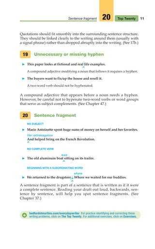 Quotations should fit smoothly into the surrounding sentence structure.
They should be linked clearly to the writing around them (usually with
a signal phrase) rather than dropped abruptly into the writing. (See 17b.)
Unnecessary or missing hyphen
䊳 This paper looks at fictional and real life examples.
A compound adjective modifying a noun that follows it requires a hyphen.
䊳 The buyers want to fix-up the house and resell it.
A two-word verb should not be hyphenated.
A compound adjective that appears before a noun needs a hyphen.
However, be careful not to hypenate two-word verbs or word groups
that serve as subject complements. (See Chapter 47.)
Sentence fragment
NO SUBJECT
䊳 Marie Antoinette spent huge sums of money on herself and her favorites.
Her extravagance
And helped bring on the French Revolution.
NO COMPLETE VERB
䊳 The old aluminum boat sitting on its trailer.
BEGINNING WITH A SUBORDINATING WORD
䊳 We returned to the drugstore.,Where we waited for our buddies.
A sentence fragment is part of a sentence that is written as if it were
a complete sentence. Reading your draft out loud, backwards, sen-
tence by sentence, will help you spot sentence fragments. (See
Chapter 37.)
20
19
11
Sentence fragment Top Twenty
20
^
^
^
^
was
where
bedfordstmartins.com/everydaywriter For practice identifying and correcting these
writing problems, click on The Top Twenty. For additional exercises, click on Exercises.
D
-
02_LUN_66490_Pt01_(003-042)_02_LUN_66490_Pt01_(003-042).qxd 11/30/11 2:04 PM Page 11
 
