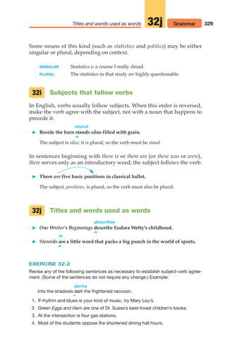 329
Titles and words used as words Grammar
32j
Some nouns of this kind (such as statistics and politics) may be either
singular or plural, depending on context.
SINGULAR Statistics is a course I really dread.
PLURAL The statistics in that study are highly questionable.
Subjects that follow verbs
In English, verbs usually follow subjects. When this order is reversed,
make the verb agree with the subject, not with a noun that happens to
precede it.
stand
 Beside the barn stands silos filled with grain.
^
The subject is silos; it is plural, so the verb must be stand.
In sentences beginning with there is or there are (or there was or were),
there serves only as an introductory word; the subject follows the verb.
 There are five basic positions in classical ballet.
The subject, positions, is plural, so the verb must also be plural.
Titles and words used as words
describes
 One Writer’s Beginnings describe Eudora Welty’s childhood.
^
is
 Steroids are a little word that packs a big punch in the world of sports.
^
EXERCISE 32.2
Revise any of the following sentences as necessary to establish subject-verb agree-
ment. (Some of the sentences do not require any change.) Example:
darts
Into the shadows the frightened raccoon.
^
1. If rhythm and blues is your kind of music, try Mary Lou’s.
2. Green Eggs and Ham are one of Dr. Suess’s best-loved children’s books.
3. At the intersection is four gas stations.
4. Most of the students oppose the shortened dining hall hours.
dart
32i
32j
14_LUN_66490_Pt07_(285-366)_14_LUN_66490_Pt07_(285-366).qxd 11/30/11 2:31 PM Page 329
 