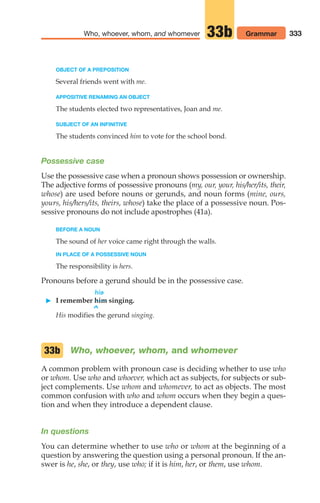 333
Who, whoever, whom, and whomever 33b Grammar
OBJECT OF A PREPOSITION
Several friends went with me.
APPOSITIVE RENAMING AN OBJECT
The students elected two representatives, Joan and me.
SUBJECT OF AN INFINITIVE
The students convinced him to vote for the school bond.
Possessive case
Use the possessive case when a pronoun shows possession or ownership.
The adjective forms of possessive pronouns (my, our, your, his/her/its, their,
whose) are used before nouns or gerunds, and noun forms (mine, ours,
yours, his/hers/its, theirs, whose) take the place of a possessive noun. Pos-
sessive pronouns do not include apostrophes (41a).
BEFORE A NOUN
The sound of her voice came right through the walls.
IN PLACE OF A POSSESSIVE NOUN
The responsibility is hers.
Pronouns before a gerund should be in the possessive case.
his
 I remember him singing.
^
His modifies the gerund singing.
Who, whoever, whom, and whomever
A common problem with pronoun case is deciding whether to use who
or whom. Use who and whoever, which act as subjects, for subjects or sub-
ject complements. Use whom and whomever, to act as objects. The most
common confusion with who and whom occurs when they begin a ques-
tion and when they introduce a dependent clause.
In questions
You can determine whether to use who or whom at the beginning of a
question by answering the question using a personal pronoun. If the an-
swer is he, she, or they, use who; if it is him, her, or them, use whom.
33b
14_LUN_66490_Pt07_(285-366)_14_LUN_66490_Pt07_(285-366).qxd 11/30/11 2:31 PM Page 333
 