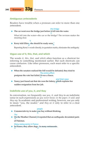 Ambiguous antecedents
Readers have trouble when a pronoun can refer to more than one
antecedent.
the bridge
 The car went over the bridge just before it fell into the water.
^
What fell into the water—the car or the bridge? The revision makes the
meaning clear.
“I
 Kerry told Ellen,she should be ready soon.”
^ ^
Reporting Kerry’s words directly, in quotation marks, eliminates the ambiguity.
Vague use of it, this, that, and which
The words it, this, that, and which often function as a shortcut for
referring to something mentioned earlier. But such shortcuts can
cause confusion. Like other pronouns, each must refer to a specific
antecedent.
 When the senators realized the bill would be defeated, they tried to
The entire effort
postpone the vote but failed. It was a fiasco.
^ and that news
 Nancy just found out that she won the lottery, which explains her
^
sudden resignation from her job.
Indefinite use of you, it, and they
In conversation, we frequently use you, it, and they in an indefinite
sense in such expressions as you never know; in the paper, it said; and
they say. In academic and professional writing, however, use you only
to mean “you, the reader,” and they or it only to refer to a clear
antecedent.
people
 Commercials try to make you buy without thinking.
^
The
 On the Weather Channel, it reported that an earthquake devastated parts
^
of Pakistan.
Many restaurants in France
 In France, they allow dogs.in many restaurants.
^ ^
340 Pronouns
33g
Grammar
14_LUN_66490_Pt07_(285-366)_14_LUN_66490_Pt07_(285-366).qxd 11/30/11 2:31 PM Page 340
 