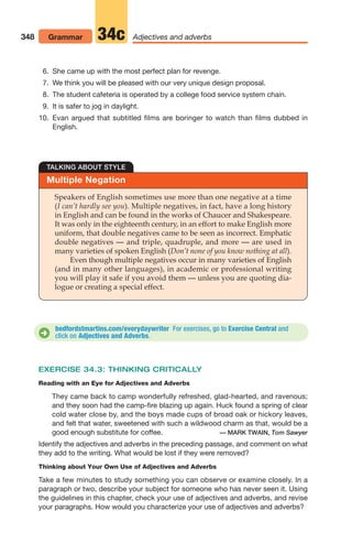 EXERCISE 34.3: THINKING CRITICALLY
Reading with an Eye for Adjectives and Adverbs
They came back to camp wonderfully refreshed, glad-hearted, and ravenous;
and they soon had the camp-fire blazing up again. Huck found a spring of clear
cold water close by, and the boys made cups of broad oak or hickory leaves,
and felt that water, sweetened with such a wildwood charm as that, would be a
good enough substitute for coffee. — MARK TWAIN, Tom Sawyer
Identify the adjectives and adverbs in the preceding passage, and comment on what
they add to the writing. What would be lost if they were removed?
Thinking about Your Own Use of Adjectives and Adverbs
Take a few minutes to study something you can observe or examine closely. In a
paragraph or two, describe your subject for someone who has never seen it. Using
the guidelines in this chapter, check your use of adjectives and adverbs, and revise
your paragraphs. How would you characterize your use of adjectives and adverbs?
348 Grammar Adjectives and adverbs
34c
6. She came up with the most perfect plan for revenge.
7. We think you will be pleased with our very unique design proposal.
8. The student cafeteria is operated by a college food service system chain.
9. It is safer to jog in daylight.
10. Evan argued that subtitled films are boringer to watch than films dubbed in
English.
Multiple Negation
TALKING ABOUT STYLE
Speakers of English sometimes use more than one negative at a time
(I can’t hardly see you). Multiple negatives, in fact, have a long history
in English and can be found in the works of Chaucer and Shakespeare.
It was only in the eighteenth century, in an effort to make English more
uniform, that double negatives came to be seen as incorrect. Emphatic
double negatives — and triple, quadruple, and more — are used in
many varieties of spoken English (Don’t none of you know nothing at all).
Even though multiple negatives occur in many varieties of English
(and in many other languages), in academic or professional writing
you will play it safe if you avoid them — unless you are quoting dia-
logue or creating a special effect.
bedfordstmartins.com/everydaywriter For exercises, go to Exercise Central and
click on Adjectives and Adverbs.
D
14_LUN_66490_Pt07_(285-366)_14_LUN_66490_Pt07_(285-366).qxd 11/30/11 2:31 PM Page 348
 