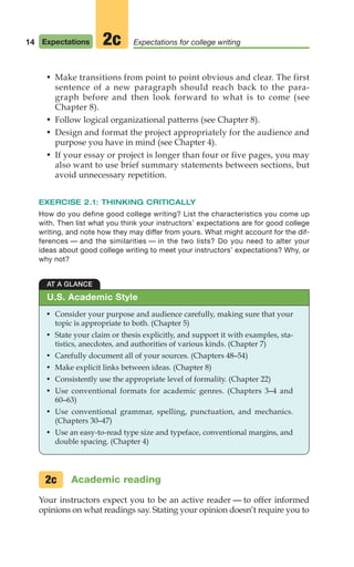 Academic reading
Your instructors expect you to be an active reader — to offer informed
opinions on what readings say. Stating your opinion doesn’t require you to
2c
• Make transitions from point to point obvious and clear. The first
sentence of a new paragraph should reach back to the para-
graph before and then look forward to what is to come (see
Chapter 8).
• Follow logical organizational patterns (see Chapter 8).
• Design and format the project appropriately for the audience and
purpose you have in mind (see Chapter 4).
• If your essay or project is longer than four or five pages, you may
also want to use brief summary statements between sections, but
avoid unnecessary repetition.
EXERCISE 2.1: THINKING CRITICALLY
How do you define good college writing? List the characteristics you come up
with. Then list what you think your instructors’ expectations are for good college
writing, and note how they may differ from yours. What might account for the dif-
ferences — and the similarities — in the two lists? Do you need to alter your
ideas about good college writing to meet your instructors’ expectations? Why, or
why not?
14 Expectations Expectations for college writing
2c
AT A GLANCE
• Consider your purpose and audience carefully, making sure that your
topic is appropriate to both. (Chapter 5)
• State your claim or thesis explicitly, and support it with examples, sta-
tistics, anecdotes, and authorities of various kinds. (Chapter 7)
• Carefully document all of your sources. (Chapters 48–54)
• Make explicit links between ideas. (Chapter 8)
• Consistently use the appropriate level of formality. (Chapter 22)
• Use conventional formats for academic genres. (Chapters 3–4 and
60–63)
• Use conventional grammar, spelling, punctuation, and mechanics.
(Chapters 30–47)
• Use an easy-to-read type size and typeface, conventional margins, and
double spacing. (Chapter 4)
U.S. Academic Style
02_LUN_66490_Pt01_(003-042)_02_LUN_66490_Pt01_(003-042).qxd 11/30/11 2:04 PM Page 14
 