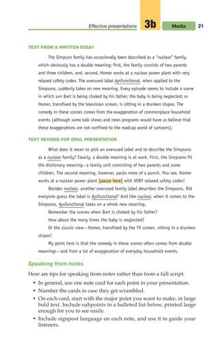 TEXT FROM A WRITTEN ESSAY
The Simpson family has occasionally been described as a “nuclear” family,
which obviously has a double meaning: first, the family consists of two parents
and three children, and, second, Homer works at a nuclear power plant with very
relaxed safety codes. The overused label dysfunctional, when applied to the
Simpsons, suddenly takes on new meaning. Every episode seems to include a scene
in which son Bart is being choked by his father; the baby is being neglected; or
Homer, transfixed by the television screen, is sitting in a drunken stupor. The
comedy in these scenes comes from the exaggeration of commonplace household
events (although some talk shows and news programs would have us believe that
these exaggerations are not confined to the madcap world of cartoons).
TEXT REVISED FOR ORAL PRESENTATION
What does it mean to pick an overused label and to describe the Simpsons
as a nuclear family? Clearly, a double meaning is at work. First, the Simpsons fit
the dictionary meaning--a family unit consisting of two parents and some
children. The second meaning, however, packs more of a punch. You see, Homer
works at a nuclear power plant [pause here] with VERY relaxed safety codes!
Besides nuclear, another overused family label describes the Simpsons. Did
everyone guess the label is dysfunctional? And like nuclear, when it comes to the
Simpsons, dysfunctional takes on a whole new meaning.
Remember the scenes when Bart is choked by his father?
How about the many times the baby is neglected?
Or the classic view--Homer, transfixed by the TV screen, sitting in a drunken
stupor!
My point here is that the comedy in these scenes often comes from double
meanings--and from a lot of exaggeration of everyday household events.
Speaking from notes
Here are tips for speaking from notes rather than from a full script:
• In general, use one note card for each point in your presentation.
• Number the cards in case they get scrambled.
• On each card, start with the major point you want to make, in large
bold text. Include subpoints in a bulleted list below, printed large
enough for you to see easily.
• Include signpost language on each note, and use it to guide your
listeners.
21
Effective presentations Media
3b
02_LUN_66490_Pt01_(003-042)_02_LUN_66490_Pt01_(003-042).qxd 11/30/11 2:04 PM Page 21
 