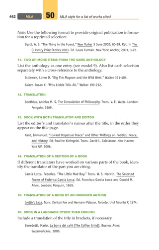 Note: Use the following format to provide original publication informa-
tion for a reprinted selection:
Byatt, A. S. “The Thing in the Forest.” New Yorker 3 June 2002: 80-89. Rpt. in The
O. Henry Prize Stories 2003. Ed. Laura Furman. New York: Anchor, 2003. 3-22.
11. TWO OR MORE ITEMS FROM THE SAME ANTHOLOGY
List the anthology as one entry (see model 9). Also list each selection
separately with a cross-reference to the anthology.
Estleman, Loren D. “Big Tim Magoon and the Wild West.” Walker 391-404.
Salzer, Susan K. “Miss Libbie Tells All.” Walker 199-212.
12. TRANSLATION
Boethius, Anicius M. S. The Consolation of Philosophy. Trans. V. E. Watts. London:
Penguin, 1969.
13. BOOK WITH BOTH TRANSLATOR AND EDITOR
List the editor’s and translator’s names after the title, in the order they
appear on the title page.
Kant, Immanuel. “Toward Perpetual Peace” and Other Writings on Politics, Peace,
and History. Ed. Pauline Kleingeld. Trans. David L. Colclasure. New Haven:
Yale UP, 2006.
14. TRANSLATION OF A SECTION OF A BOOK
If different translators have worked on various parts of the book, iden-
tify the translator of the part you are citing.
García Lorca, Federico. “The Little Mad Boy.” Trans. W. S. Merwin. The Selected
Poems of Federico García Lorca. Ed. Francisco García Lorca and Donald M.
Allen. London: Penguin, 1969.
15. TRANSLATION OF A BOOK BY AN UNKNOWN AUTHOR
Grettir’s Saga. Trans. Denton Fox and Hermann Palsson. Toronto: U of Toronto P, 1974.
16. BOOK IN A LANGUAGE OTHER THAN ENGLISH
Include a translation of the title in brackets, if necessary.
Benedetti, Mario. La borra del café [The Coffee Grind]. Buenos Aires:
Sudamericana, 2000.
442 MLA MLA style for a list of works cited
50
18_LUN_66490_Pt09_(427-476)_18_LUN_66490_Pt09_(427-476).qxd 11/30/11 2:44 PM Page 442
 
