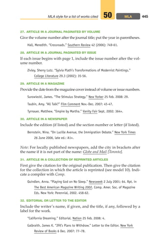 27. ARTICLE IN A JOURNAL PAGINATED BY VOLUME
Give the volume number after the journal title; put the year in parentheses.
Hall, Meredith. “Crossroads.” Southern Review 42 (2006): 749-61.
28. ARTICLE IN A JOURNAL PAGINATED BY ISSUE
If each issue begins with page 1, include the issue number after the vol-
ume number.
Zivley, Sherry Lutz. “Sylvia Plath’s Transformations of Modernist Paintings.”
College Literature 29.3 (2002): 35-56.
29. ARTICLE IN A MAGAZINE
Provide the date from the magazine cover instead of volume or issue numbers.
Surowiecki, James. “The Stimulus Strategy.” New Yorker 25 Feb. 2008: 29.
Taubin, Amy. “All Talk?” Film Comment Nov.-Dec. 2007: 45-47.
Tyrnauer, Matthew. “Empire by Martha.” Vanity Fair Sept. 2002: 364+.
30. ARTICLE IN A NEWSPAPER
Include the edition (if listed) and the section number or letter (if listed).
Bernstein, Nina. “On Lucille Avenue, the Immigration Debate.” New York Times
26 June 2006, late ed.: A1+.
Note: For locally published newspapers, add the city in brackets after
the name if it is not part of the name: Globe and Mail [Toronto].
31. ARTICLE IN A COLLECTION OF REPRINTED ARTICLES
First give the citation for the original publication. Then give the citation
for the collection in which the article is reprinted (see model 10). Indi-
cate a compiler with Comp.
Quindlen, Anna. “Playing God on No Sleep.” Newsweek 2 July 2001: 64. Rpt. in
The Best American Magazine Writing 2002. Comp. Amer. Soc. of Magazine
Eds. New York: Perennial, 2002. 458-62.
32. EDITORIAL OR LETTER TO THE EDITOR
Include the writer’s name, if given, and the title, if any, followed by a
label for the work.
“California Dreaming.” Editorial. Nation 25 Feb. 2008: 4.
Galbraith, James K. “JFK’s Plans to Withdraw.” Letter to the Editor. New York
Review of Books 6 Dec. 2007: 77–78.
445
MLA style for a list of works cited MLA
50
18_LUN_66490_Pt09_(427-476)_18_LUN_66490_Pt09_(427-476).qxd 11/30/11 2:44 PM Page 445
 