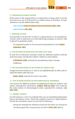 483
APA style for in-text citations APA
52a
6. CORPORATE OR GROUP AUTHOR
If the name of the organization or corporation is long, spell it out the
first time you use it, followed by an abbreviation in brackets. In later
references, use the abbreviation only.
FIRST CITATION (Centers for Disease Control and Prevention [CDC], 2006)
LATER CITATIONS (CDC, 2006)
7. UNKNOWN AUTHOR
Use the title or its first few words in a signal phrase or in parentheses.
A book’s title is italicized, as in the following example; an article’s title
is placed in quotation marks.
The employment profiles for this time period substantiated this trend (Federal
Employment, 2001).
8. TWO OR MORE AUTHORS WITH THE SAME LAST NAME
If your list of references includes works by different authors with the
same last name, include the authors’ initials in each citation.
S. Bartolomeo (2000) conducted the groundbreaking study on teenage
childbearing.
9. TWO OR MORE WORKS BY AN AUTHOR IN A SINGLE YEAR
Assign lowercase letters (a, b, and so on) alphabetically by title, and in-
clude the letters after the year.
Gordon (2004b) examined this trend in more detail.
10. TWO OR MORE SOURCES IN ONE PARENTHETICAL REFERENCE
List sources by different authors in alphabetical order by authors’ last
names, separated by semicolons: (Cardone, 1998; Lai, 2002). List works by
the same author in chronological order, separated by commas: (Lai,
2000, 2002).
11. INDIRECT SOURCE
Use the phrase as cited in to indicate that you are reporting information
from a secondary source. Name the original source in a signal phrase,
but list the secondary source in your list of references.
Amartya Sen developed the influential concept that land reform was necessary for
“promoting opportunity” among the poor (as cited in Driver, 2007, para. 2).
20_LUN_66490_Pt10_(479-546)_20_LUN_66490_Pt10_(479-546).qxd 11/30/11 2:48 PM Page 483
 