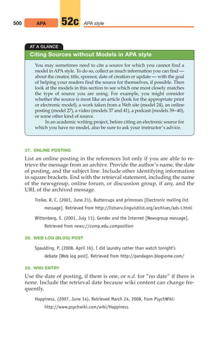 27. ONLINE POSTING
List an online posting in the references list only if you are able to re-
trieve the message from an archive. Provide the author’s name, the date
of posting, and the subject line. Include other identifying information
in square brackets. End with the retrieval statement, including the name
of the newsgroup, online forum, or discussion group, if any, and the
URL of the archived message.
Troike, R. C. (2001, June 21). Buttercups and primroses [Electronic mailing list
message]. Retrieved from http://listserv.linguistlist.org/archives/ads-l.html
Wittenberg, E. (2001, July 11). Gender and the Internet [Newsgroup message].
Retrieved from news://comp.edu.composition
28. WEB LOG (BLOG) POST
Spaulding, P. (2008, April 16). I did laundry rather than watch tonight’s
debate [Web log post]. Retrieved from http://pandagon.blogsome.com/
29. WIKI ENTRY
Use the date of posting, if there is one, or n.d. for “no date” if there is
none. Include the retrieval date because wiki content can change fre-
quently.
Happiness. (2007, June 14). Retrieved March 24, 2008, from PsychWiki:
http://www.psychwiki.com/wiki/Happiness
500 APA APA style
52c
AT A GLANCE
You may sometimes need to cite a source for which you cannot find a
model in APA style. To do so, collect as much information you can find —
about the creator, title, sponsor, date of creation or update — with the goal
of helping your readers find the source for themselves, if possible. Then
look at the models in this section to see which one most closely matches
the type of source you are using. For example, you might consider
whether the source is most like an article (look for the appropriate print
or electronic model), a work taken from a Web site (model 24), an online
posting (model 27), a video (models 37 and 41), a podcast (models 39–40),
or some other kind of source.
In an academic writing project, before citing an electronic source for
which you have no model, also be sure to ask your instructor’s advice.
Citing Sources without Models in APA style
20_LUN_66490_Pt10_(479-546)_20_LUN_66490_Pt10_(479-546).qxd 11/30/11 2:48 PM Page 500
 