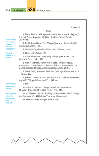 Notes
1. Tracie Rozhon, “Chicago Girds for Big Battle over Its Skyline,”
New York Times, November 12, 2000, Academic Search Premier
(28896783).
2. David Garrard Lowe, Lost Chicago (New York: Watson-Guptill
Publications, 2000), 112.
3. Columbia Encyclopedia, 6th ed., s.v. “Sullivan, Louis.”
4. Lowe, Lost Chicago, 123.
5. Daniel Bluestone, Constructing Chicago (New Haven: Yale
University Press, 1991), 105.
6. Alan J. Shannon, “When Will It End?,” Chicago Tribune,
September 11, 1987, quoted in Karen J. Dilibert, From Landmark to
Landfill (Chicago: Chicago Architectural Foundation, 2000), 11.
7. Steve Kerch, “Landmark Decisions,” Chicago Tribune, March 18,
1990, sec. 16.
8. Patrick T. Reardon, “‘No’ Vote Makes It a Landmark Day for the
Berghoff,” Chicago Tribune, April 5, 1991, sec 1.
9. Ibid.
10. John W. Stamper, Chicago’s North Michigan Avenue
(Chicago: University of Chicago Press, 1991), 215.
11. Alf Siewers, “Success Spoiling the Magnificent Mile?” Chicago
Sun-Times, April 9, 1995, http://www.sun-times.com/.
12. Stamper, North Michigan Avenue, 215.
Rinder 12
Encyclopedia
entry appears
in notes
but not in
bibliography
Second
reference to
source
Reference to
preceding
source
Note number
indented;
subsequent
lines
flush left
528 Chicago style
53c
Chicago
20_LUN_66490_Pt10_(479-546)_20_LUN_66490_Pt10_(479-546).qxd 11/30/11 2:48 PM Page 528
 