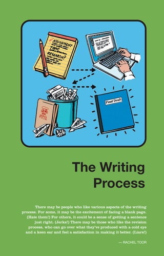 There may be people who like various aspects of the writing
process. For some, it may be the excitement of facing a blank page.
(Hate them!) For others, it could be a sense of getting a sentence
just right. (Jerks!) There may be those who like the revision
process, who can go over what they’ve produced with a cold eye
and a keen ear and feel a satisfaction in making it better. (Liars!)
— RACHEL TOOR
The Writing
Process
The
Writing
Process
 