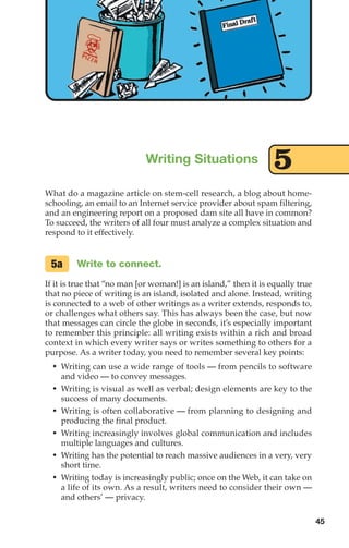 What do a magazine article on stem-cell research, a blog about home-
schooling, an email to an Internet service provider about spam filtering,
and an engineering report on a proposed dam site all have in common?
To succeed, the writers of all four must analyze a complex situation and
respond to it effectively.
Write to connect.
If it is true that “no man [or woman!] is an island,” then it is equally true
that no piece of writing is an island, isolated and alone. Instead, writing
is connected to a web of other writings as a writer extends, responds to,
or challenges what others say. This has always been the case, but now
that messages can circle the globe in seconds, it’s especially important
to remember this principle: all writing exists within a rich and broad
context in which every writer says or writes something to others for a
purpose. As a writer today, you need to remember several key points:
• Writing can use a wide range of tools — from pencils to software
and video — to convey messages.
• Writing is visual as well as verbal; design elements are key to the
success of many documents.
• Writing is often collaborative — from planning to designing and
producing the final product.
• Writing increasingly involves global communication and includes
multiple languages and cultures.
• Writing has the potential to reach massive audiences in a very, very
short time.
• Writing today is increasingly public; once on the Web, it can take on
a life of its own. As a result, writers need to consider their own —
and others’ — privacy.
5a
Writing Situations 5
45
04_LUN_66490_Pt02_(045-112)_04_LUN_66490_Pt02_(045-112).qxd 11/30/11 2:09 PM Page 45
 
