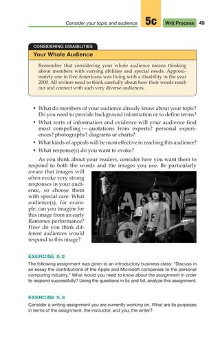 49
Consider your topic and audience Writ Process
5c
Your Whole Audience
Remember that considering your whole audience means thinking
about members with varying abilities and special needs. Approxi-
mately one in five Americans was living with a disability in the year
2000. All writers need to think carefully about how their words reach
out and connect with such very diverse audiences.
CONSIDERING DISABILITIES
• What do members of your audience already know about your topic?
Do you need to provide background information or to define terms?
• What sorts of information and evidence will your audience find
most compelling — quotations from experts? personal experi-
ences? photographs? diagrams or charts?
• What kinds of appeals will be most effective in reaching this audience?
• What response(s) do you want to evoke?
As you think about your readers, consider how you want them to
respond to both the words and the images you use. Be particularly
aware that images will
often evoke very strong
responses in your audi-
ence, so choose them
with special care. What
audience(s), for exam-
ple, can you imagine for
this image from an early
Ramones performance?
How do you think dif-
ferent audiences would
respond to this image?
EXERCISE 5.2
The following assignment was given to an introductory business class: “Discuss in
an essay the contributions of the Apple and Microsoft companies to the personal
computing industry.” What would you need to know about the assignment in order
to respond successfully? Using the questions in 5c and 5d, analyze this assignment.
EXERCISE 5.3
Consider a writing assignment you are currently working on. What are its purposes
in terms of the assignment, the instructor, and you, the writer?
04_LUN_66490_Pt02_(045-112)_04_LUN_66490_Pt02_(045-112).qxd 11/30/11 2:09 PM Page 49
 