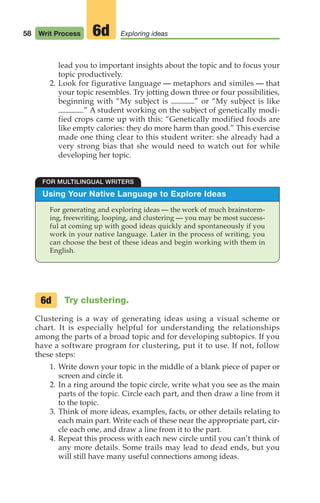 58 Writ Process Exploring ideas
6d
lead you to important insights about the topic and to focus your
topic productively.
2. Look for figurative language — metaphors and similes — that
your topic resembles. Try jotting down three or four possibilities,
beginning with “My subject is ” or “My subject is like
.” A student working on the subject of genetically modi-
fied crops came up with this: “Genetically modified foods are
like empty calories: they do more harm than good.” This exercise
made one thing clear to this student writer: she already had a
very strong bias that she would need to watch out for while
developing her topic.
Try clustering.
Clustering is a way of generating ideas using a visual scheme or
chart. It is especially helpful for understanding the relationships
among the parts of a broad topic and for developing subtopics. If you
have a software program for clustering, put it to use. If not, follow
these steps:
1. Write down your topic in the middle of a blank piece of paper or
screen and circle it.
2. In a ring around the topic circle, write what you see as the main
parts of the topic. Circle each part, and then draw a line from it
to the topic.
3. Think of more ideas, examples, facts, or other details relating to
each main part. Write each of these near the appropriate part, cir-
cle each one, and draw a line from it to the part.
4. Repeat this process with each new circle until you can’t think of
any more details. Some trails may lead to dead ends, but you
will still have many useful connections among ideas.
6d
Using Your Native Language to Explore Ideas
For generating and exploring ideas — the work of much brainstorm-
ing, freewriting, looping, and clustering — you may be most success-
ful at coming up with good ideas quickly and spontaneously if you
work in your native language. Later in the process of writing, you
can choose the best of these ideas and begin working with them in
English.
FOR MULTILINGUAL WRITERS
04_LUN_66490_Pt02_(045-112)_04_LUN_66490_Pt02_(045-112).qxd 11/30/11 2:09 PM Page 58
 