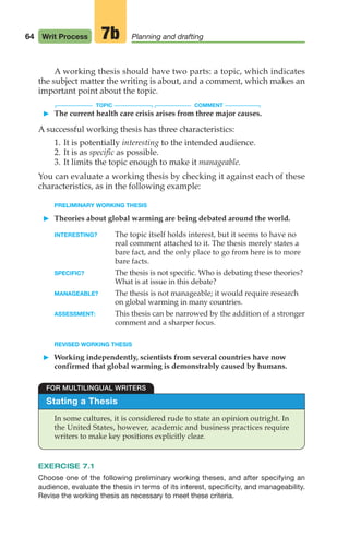 64 Writ Process Planning and drafting
7b
A working thesis should have two parts: a topic, which indicates
the subject matter the writing is about, and a comment, which makes an
important point about the topic.
TOPIC COMMENT
䊳 The current health care crisis arises from three major causes.
A successful working thesis has three characteristics:
1. It is potentially interesting to the intended audience.
2. It is as specific as possible.
3. It limits the topic enough to make it manageable.
You can evaluate a working thesis by checking it against each of these
characteristics, as in the following example:
PRELIMINARY WORKING THESIS
䊳 Theories about global warming are being debated around the world.
INTERESTING? The topic itself holds interest, but it seems to have no
real comment attached to it. The thesis merely states a
bare fact, and the only place to go from here is to more
bare facts.
SPECIFIC? The thesis is not specific. Who is debating these theories?
What is at issue in this debate?
MANAGEABLE? The thesis is not manageable; it would require research
on global warming in many countries.
ASSESSMENT: This thesis can be narrowed by the addition of a stronger
comment and a sharper focus.
REVISED WORKING THESIS
䊳 Working independently, scientists from several countries have now
confirmed that global warming is demonstrably caused by humans.
Stating a Thesis
In some cultures, it is considered rude to state an opinion outright. In
the United States, however, academic and business practices require
writers to make key positions explicitly clear.
FOR MULTILINGUAL WRITERS
EXERCISE 7.1
Choose one of the following preliminary working theses, and after specifying an
audience, evaluate the thesis in terms of its interest, specificity, and manageability.
Revise the working thesis as necessary to meet these criteria.
04_LUN_66490_Pt02_(045-112)_04_LUN_66490_Pt02_(045-112).qxd 11/30/11 2:09 PM Page 64
 