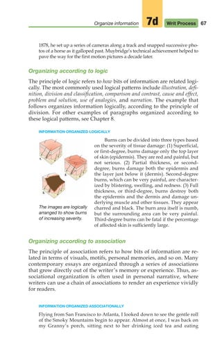 67
Organize information Writ Process
7d
1878, he set up a series of cameras along a track and snapped successive pho-
tos of a horse as it galloped past. Muybridge’s technical achievement helped to
pave the way for the first motion pictures a decade later.
Organizing according to logic
The principle of logic refers to how bits of information are related logi-
cally. The most commonly used logical patterns include illustration, defi-
nition, division and classification, comparison and contrast, cause and effect,
problem and solution, use of analogies, and narration. The example that
follows organizes information logically, according to the principle of
division. For other examples of paragraphs organized according to
these logical patterns, see Chapter 8.
INFORMATION ORGANIZED LOGICALLY
Burns can be divided into three types based
on the severity of tissue damage: (1) Superficial,
or first-degree, burns damage only the top layer
of skin (epidermis). They are red and painful, but
not serious. (2) Partial thickness, or second-
degree, burns damage both the epidermis and
the layer just below it (dermis). Second-degree
burns, which can be very painful, are character-
ized by blistering, swelling, and redness. (3) Full
thickness, or third-degree, burns destroy both
the epidermis and the dermis and damage un-
derlying muscle and other tissues. They appear
charred and black. The burn area itself is numb,
but the surrounding area can be very painful.
Third-degree burns can be fatal if the percentage
of affected skin is sufficiently large.
Organizing according to association
The principle of association refers to how bits of information are re-
lated in terms of visuals, motifs, personal memories, and so on. Many
contemporary essays are organized through a series of associations
that grow directly out of the writer’s memory or experience. Thus, as-
sociational organization is often used in personal narrative, where
writers can use a chain of associations to render an experience vividly
for readers.
INFORMATION ORGANIZED ASSOCIATIONALLY
Flying from San Francisco to Atlanta, I looked down to see the gentle roll
of the Smoky Mountains begin to appear. Almost at once, I was back on
my Granny’s porch, sitting next to her drinking iced tea and eating
The images are logically
arranged to show burns
of increasing severity.
04_LUN_66490_Pt02_(045-112)_04_LUN_66490_Pt02_(045-112).qxd 11/30/11 2:09 PM Page 67
 