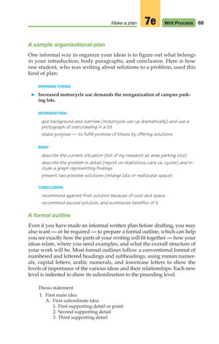 69
Make a plan Writ Process
7e
A sample organizational plan
One informal way to organize your ideas is to figure out what belongs
in your introduction, body paragraphs, and conclusion. Here is how
one student, who was writing about solutions to a problem, used this
kind of plan:
WORKING THESIS
䊳 Increased motorcycle use demands the reorganization of campus park-
ing lots.
INTRODUCTION
give background and overview (motorcycle use up dramatically) and use a
photograph of overcrowding in a lot
state purpose — to fulfill promise of thesis by offering solutions
BODY
describe the current situation (tell of my research at area parking lots)
describe the problem in detail (report on statistics; cars vs. cycles) and in-
clude a graph representing findings
present two possible solutions (enlarge lots or reallocate space)
CONCLUSION
recommend against first solution because of cost and space
recommend second solution, and summarize benefits of it
A formal outline
Even if you have made an informal written plan before drafting, you may
also want — or be required — to prepare a formal outline, which can help
you see exactly how the parts of your writing will fit together — how your
ideas relate, where you need examples, and what the overall structure of
your work will be. Most formal outlines follow a conventional format of
numbered and lettered headings and subheadings, using roman numer-
als, capital letters, arabic numerals, and lowercase letters to show the
levels of importance of the various ideas and their relationships. Each new
level is indented to show its subordination to the preceding level.
Thesis statement
II. First main idea
A. First subordinate idea
1. First supporting detail or point
2. Second supporting detail
3. Third supporting detail
04_LUN_66490_Pt02_(045-112)_04_LUN_66490_Pt02_(045-112).qxd 11/30/11 2:09 PM Page 69
 