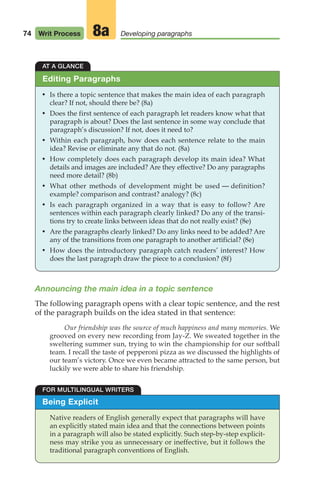74 Writ Process Developing paragraphs
8a
Announcing the main idea in a topic sentence
The following paragraph opens with a clear topic sentence, and the rest
of the paragraph builds on the idea stated in that sentence:
Our friendship was the source of much happiness and many memories. We
grooved on every new recording from Jay-Z. We sweated together in the
sweltering summer sun, trying to win the championship for our softball
team. I recall the taste of pepperoni pizza as we discussed the highlights of
our team’s victory. Once we even became attracted to the same person, but
luckily we were able to share his friendship.
AT A GLANCE
• Is there a topic sentence that makes the main idea of each paragraph
clear? If not, should there be? (8a)
• Does the first sentence of each paragraph let readers know what that
paragraph is about? Does the last sentence in some way conclude that
paragraph’s discussion? If not, does it need to?
• Within each paragraph, how does each sentence relate to the main
idea? Revise or eliminate any that do not. (8a)
• How completely does each paragraph develop its main idea? What
details and images are included? Are they effective? Do any paragraphs
need more detail? (8b)
• What other methods of development might be used — definition?
example? comparison and contrast? analogy? (8c)
• Is each paragraph organized in a way that is easy to follow? Are
sentences within each paragraph clearly linked? Do any of the transi-
tions try to create links between ideas that do not really exist? (8e)
• Are the paragraphs clearly linked? Do any links need to be added? Are
any of the transitions from one paragraph to another artificial? (8e)
• How does the introductory paragraph catch readers’ interest? How
does the last paragraph draw the piece to a conclusion? (8f)
Editing Paragraphs
Being Explicit
Native readers of English generally expect that paragraphs will have
an explicitly stated main idea and that the connections between points
in a paragraph will also be stated explicitly. Such step-by-step explicit-
ness may strike you as unnecessary or ineffective, but it follows the
traditional paragraph conventions of English.
FOR MULTILINGUAL WRITERS
04_LUN_66490_Pt02_(045-112)_04_LUN_66490_Pt02_(045-112).qxd 11/30/11 2:09 PM Page 74
 