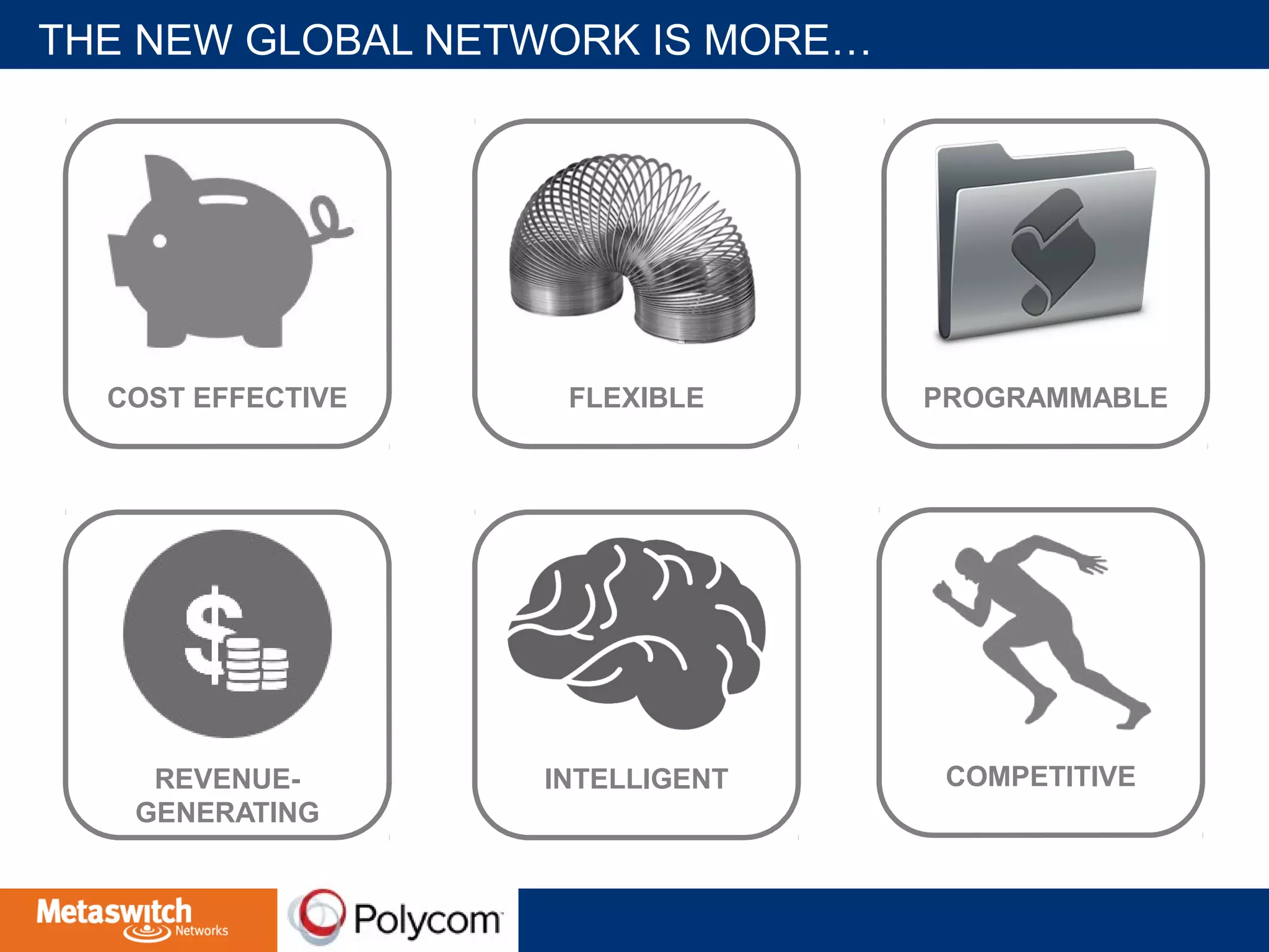 THE NEW GLOBAL NETWORK IS MORE… 
COST EFFECTIVE FLEXIBLE PROGRAMMABLE 
REVENUE- INTELLIGENT 
GENERATING 
COMPETITIVE 
 