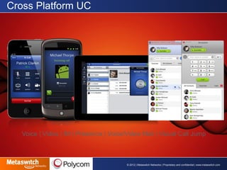 © 2012 | Metaswitch Networks | Proprietary and confidential | www.metaswitch.com 
Cross Platform UC 
Voice | Video | IM | Presence | Voice/Video Mail | Visual Call Jump 
 