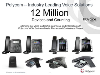 Polycom – Industry Leading Voice Solutions 
12 Million 
Devices and Counting 
Extending our voice leadership, openness, and integration with 
Polycom® VVX® Business Media Phones and Conference Phones 
© Polycom, Inc. All rights reserved. 5 
 