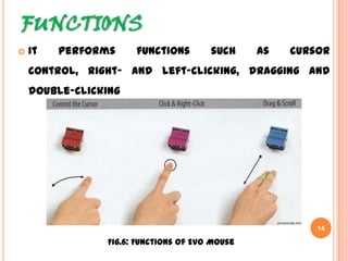 FUNCTIONS
14
 It performs functions such as cursor control, right-
and left-clicking, dragging and double-clicking
Fig.6: Functions of Evo Mouse
 