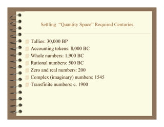 Settling “Q tit S
       S ttli “Quantity Space” Required Centuries
                             ”R i dC t i


 Tallies: 30,000 BP
    lli
 Accounting tokens: 8,000 BC
 Whole numbers: 1,900 BC
                 1 900
 Rational numbers: 500 BC
 Zero and real numbers: 200
 Complex (imaginary) numbers: 1545
 Transfinite numbers: c. 1900
 