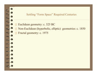 Settling “F
         S ttli “Form Space” Required Centuries
                      S    ”R i dC t i


 Euclidean geometry: c. 325 BC
     lid
 Non-Euclidean (hyperbolic, elliptic) geometries: c. 1850
 Fractal geometry: c. 1975
                    c
 