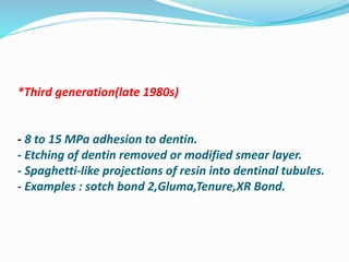 *Third generation(late 1980s)
- 8 to 15 MPa adhesion to dentin.
- Etching of dentin removed or modified smear layer.
- Spaghetti-like projections of resin into dentinal tubules.
- Examples : sotch bond 2,Gluma,Tenure,XR Bond.
 