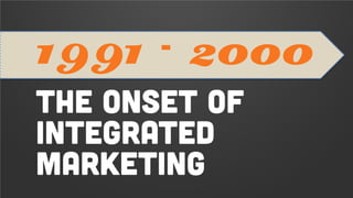 • Integrated marketing starts to replace
advertising.
1991-2000 Recap
 