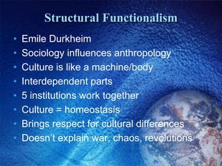 Structural FunctionalismEmile DurkheimSociology influences anthropologyCulture is like a machine/body Interdependent parts5 institutions work together Culture = homeostasisBrings respect for cultural differencesDoesn’t explain war, chaos, revolutions