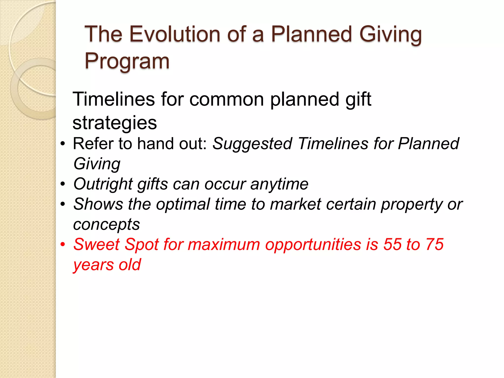 The Evolution of a Planned Giving
Program
• Refer to hand out: Suggested Timelines for Planned
Giving
• Outright gifts can occur anytime
• Shows the optimal time to market certain property or
concepts
• Sweet Spot for maximum opportunities is 55 to 75
years old
Timelines for common planned gift
strategies
 