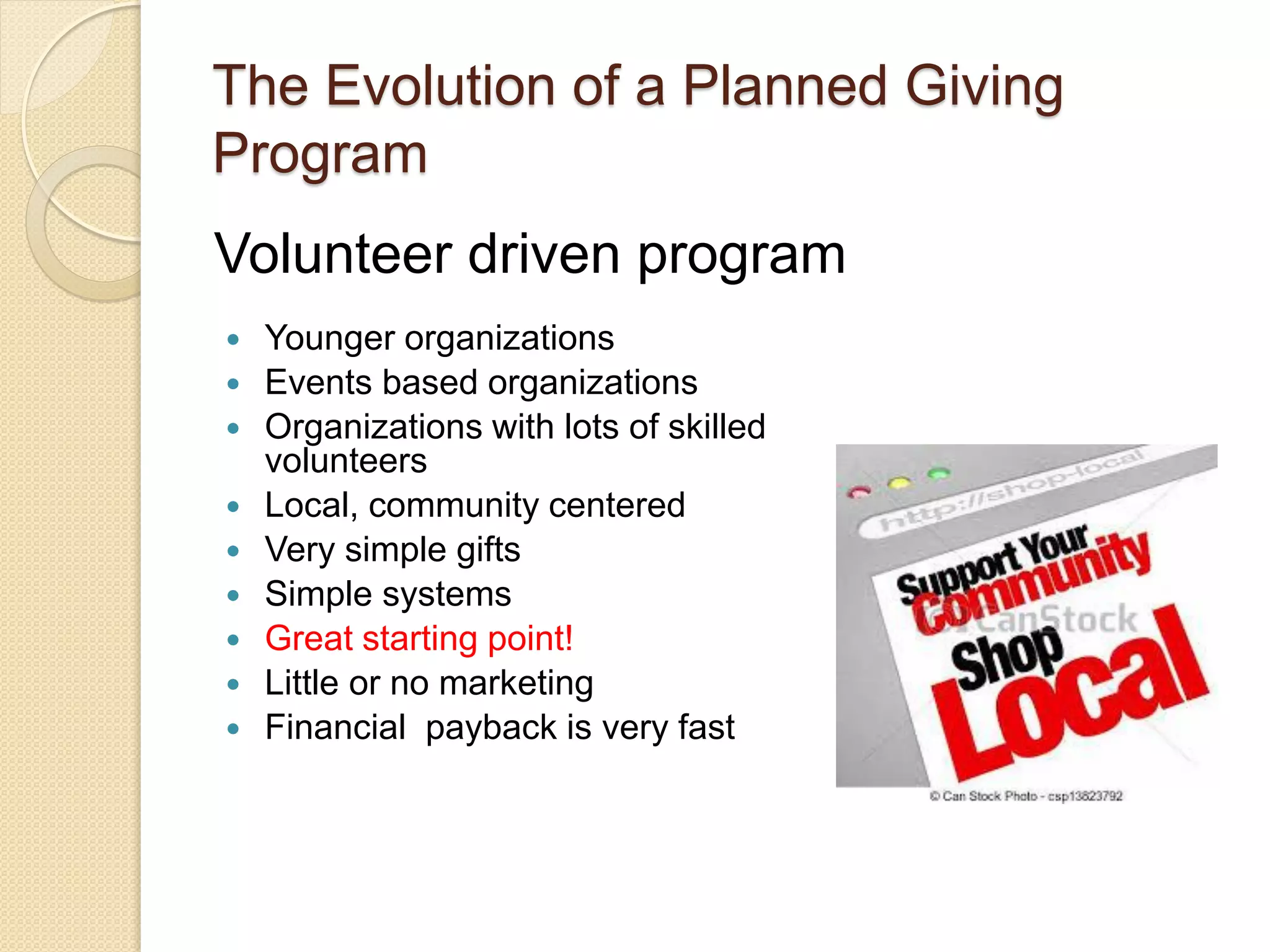  Younger organizations
 Events based organizations
 Organizations with lots of skilled
volunteers
 Local, community centered
 Very simple gifts
 Simple systems
 Great starting point!
 Little or no marketing
 Financial payback is very fast
The Evolution of a Planned Giving
Program
Volunteer driven program
 
