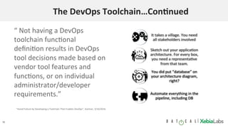 11 |	
The	DevOps	Toolchain…ConCnued	
“	Not	having	a	DevOps	
toolchain	func9onal	
deﬁni9on	results	in	DevOps	
tool	decisions	made	based	on	
vendor	tool	features	and	
func9ons,	or	on	individual	
administrator/developer	
requirements.”	
It	takes	a	village.	You	need	
all	stakeholders	involved	
Sketch	out	your	applica9on	
architecture.	For	every	box,	
you	need	a	representa9ve	
from	that	team.	
You	did	put	“database”	on	
your	architecture	diagram,	
right?	
Automate	everything	in	the	
pipeline,	including	DB	
"Avoid	Failure	by	Developing	a	Toolchain	That	Enables	DevOps",	Gartner,	3/16/2016	
 