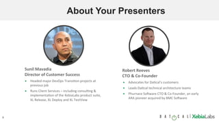 3 |	
About Your Presenters
▪  Advocates	for	Da9cal’s	customers	
▪  Leads	Da9cal	technical	architecture	teams	
▪  Phurnace	So7ware	CTO	&	Co-Founder,	an	early	
ARA	pioneer	acquired	by	BMC	So7ware	
Robert	Reeves	
CTO	&	Co-Founder	
▪  Headed	major	DevOps	Transi9on	projects	at	
previous	job	
▪  Runs	Client	Services	–	including	consul9ng	&	
implementa9on	of	the	XebiaLabs	product	suite,	
XL	Release,	XL	Deploy	and	XL	TestView	
Sunil	Mavadia	
Director	of	Customer	Success	
 