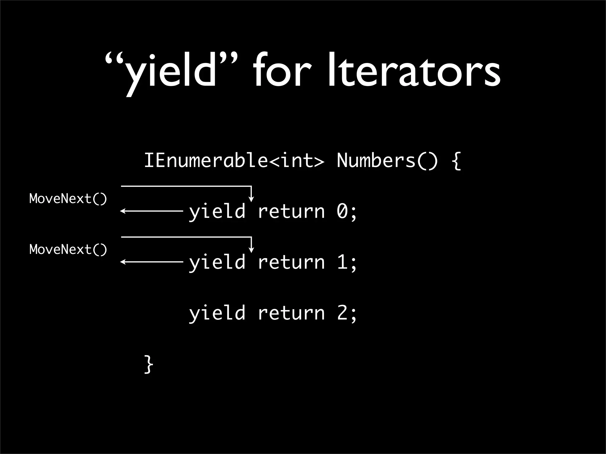 “yield” for Iterators IEnumerable<int> Numbers() { MoveNext() yield return 0; MoveNext() yield return 1; yield return 2; } 