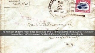 The number of items mailed has decreased by 54.7 billion items since 2006 as it is easier
to post Merry Christmas on Facebook than send out Christmas Cards.
 