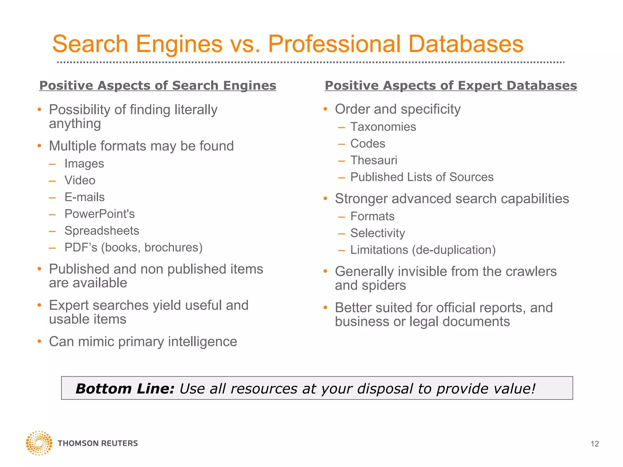 Search Engines vs. Professional Databases  Possibility of finding literally anything Multiple formats may be found Images Video E-mails PowerPoint's Spreadsheets PDF’s (books, brochures) Published and non published items are available Expert searches yield useful and usable items Can mimic primary intelligence Order and specificity Taxonomies Codes Thesauri Published Lists of Sources Stronger advanced search capabilities Formats Selectivity Limitations (de-duplication) Generally invisible from the crawlers and spiders Better suited for official reports, and business or legal documents Positive Aspects of Search Engines Positive Aspects of Expert Databases Bottom Line:  Use all resources at your disposal to provide value!  