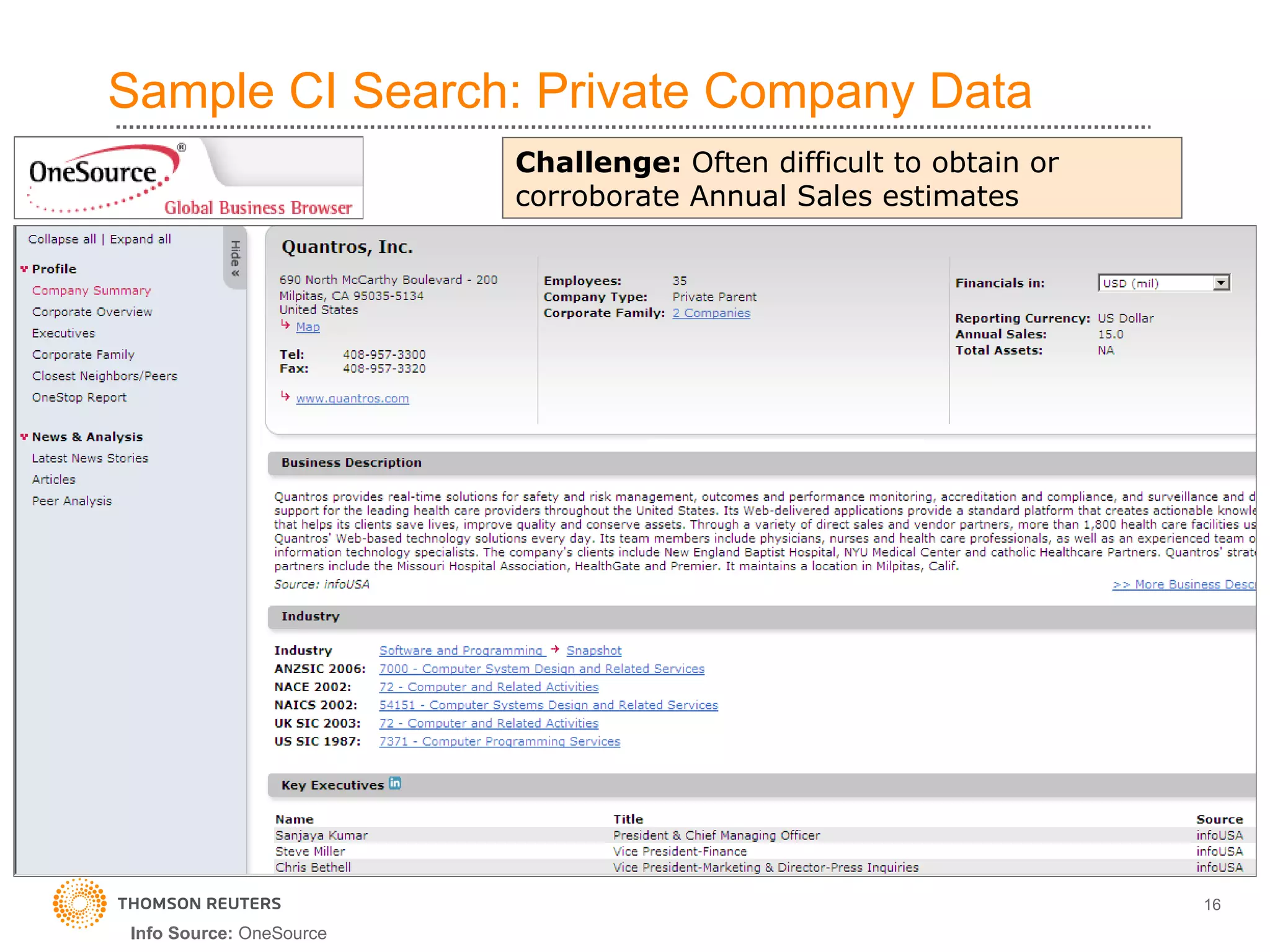 Sample CI Search: Private Company Data Challenge:  Often difficult to obtain or corroborate Annual Sales estimates Info Source:  OneSource 