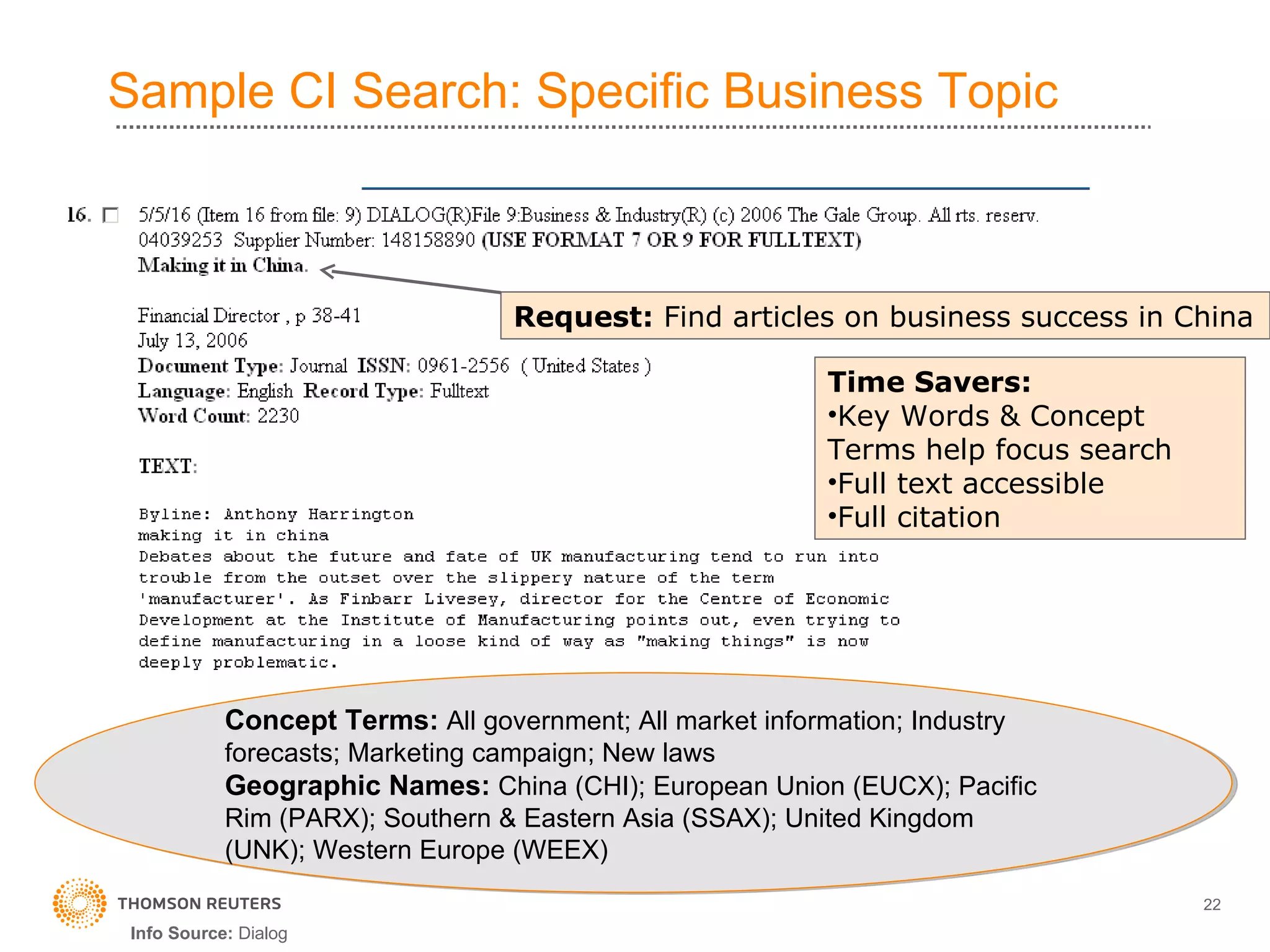 Sample CI Search: Specific Business Topic Info Source:  Dialog Request:  Find articles on business success in China Time Savers: Key Words & Concept Terms help focus search Full text accessible  Full citation Concept Terms:  All government; All market information; Industry forecasts; Marketing campaign; New laws  Geographic Names:  China (CHI); European Union (EUCX); Pacific Rim (PARX); Southern & Eastern Asia (SSAX); United Kingdom (UNK); Western Europe (WEEX)  