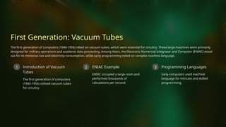 First Generation: Vacuum Tubes
The first generation of computers (1940-1956) relied on vacuum tubes, which were essential for circuitry. These large machines were primarily
designed for military operations and academic data processing. Among them, the Electronic Numerical Integrator and Computer (ENIAC) stood
out for its immense size and electricity consumption, while early programming relied on complex machine language.
1 Introduction of Vacuum
Tubes
The first generation of computers
(1940-1956) utilized vacuum tubes
for circuitry.
2 ENIAC Example
ENIAC occupied a large room and
performed thousands of
calculations per second.
3 Programming Languages
Early computers used machine
language for intricate and skilled
programming.
 