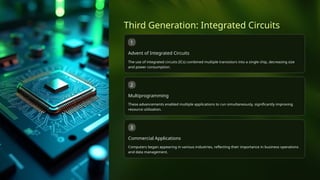 Third Generation: Integrated Circuits
1
Advent of Integrated Circuits
The use of integrated circuits (ICs) combined multiple transistors into a single chip, decreasing size
and power consumption.
2
Multiprogramming
These advancements enabled multiple applications to run simultaneously, significantly improving
resource utilization.
3
Commercial Applications
Computers began appearing in various industries, reflecting their importance in business operations
and data management.
 