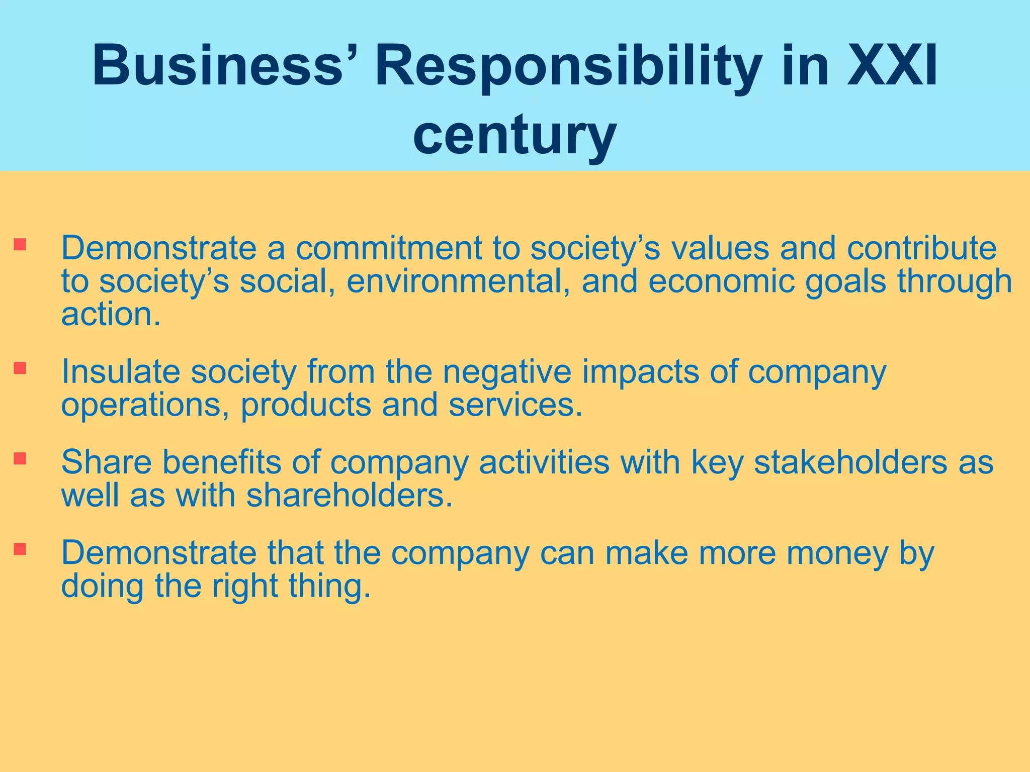 Business’ Responsibility in XXI
century
 Demonstrate a commitment to society’s values and contribute
to society’s social, environmental, and economic goals through
action.
 Insulate society from the negative impacts of company
operations, products and services.
 Share benefits of company activities with key stakeholders as
well as with shareholders.
 Demonstrate that the company can make more money by
doing the right thing.
 