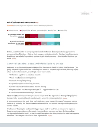 A Harvard Business   5
                                                                                                                        Review Analytic
                                                                                                                        Services Report




Role of Judgment and Transparency Figure 2
QUESTION: Please indicate your level of agreement with each of the following statements.


■ Strongly disagree     ■ Slightly disagree   ■ Neither agree nor disagree    ■ Slightly agree    ■ Strongly agree


 No transparency into how most
      key decisions made across
                    organization     14%            23%          20%                28%          16%



     My manager relies more on
 judgment/gut feel than data to
               make decisions           18%                28%         17%          22%          15%




Indeed, a sizable number of survey respondents indicate flaws in their organizations’ approaches to
decision making. More than a third say their managers use judgment rather than data to make decisions.
In addition, nearly half of respondents say that there is little transparency about how key decisions are
made. Figure 2


ANALYTICS LEADERS: A NEW APPROACH BEGINS TO EMERGE
One group of survey respondents stands apart from the others in the use of data to drive decisions. This
group comprises organizations that have integrated the use of analytics corporate wide, and they display
a host of other characteristics, according to survey respondents:
   ππ Self-defined high level of analytical maturity

   ππA data-based decision-making culture

   ππDecision-making transparency

   ππ Corporate-wide decision-making processes

   ππ Greater use of analytics in real-time decision making

   ππEmphasis on the use of managerial insights as a supplement to the data

   ππ Continual refinement and testing of new ideas

The Harvard Business Review Analytic Services survey finds that 11 percent of the responding organiza-
tions are in the group that has integrated analytics across the entire organization. Figure 3

It is important to note that while these analytics leaders come from a wide range of industries, regions,
and sizes, it is striking that they share a well-defined approach to decision making that has yielded sub-
stantial benefits.

A hallmark of the analytics leaders is the bigger impact made by analytics, as measured by improved
financial performance, increased productivity, reduced risks and costs, and faster decision making.
Survey respondents who qualify as analytics leaders reported that their organizations are achieving these
benefits at a much higher rate than are other organizations. Figure 4
 